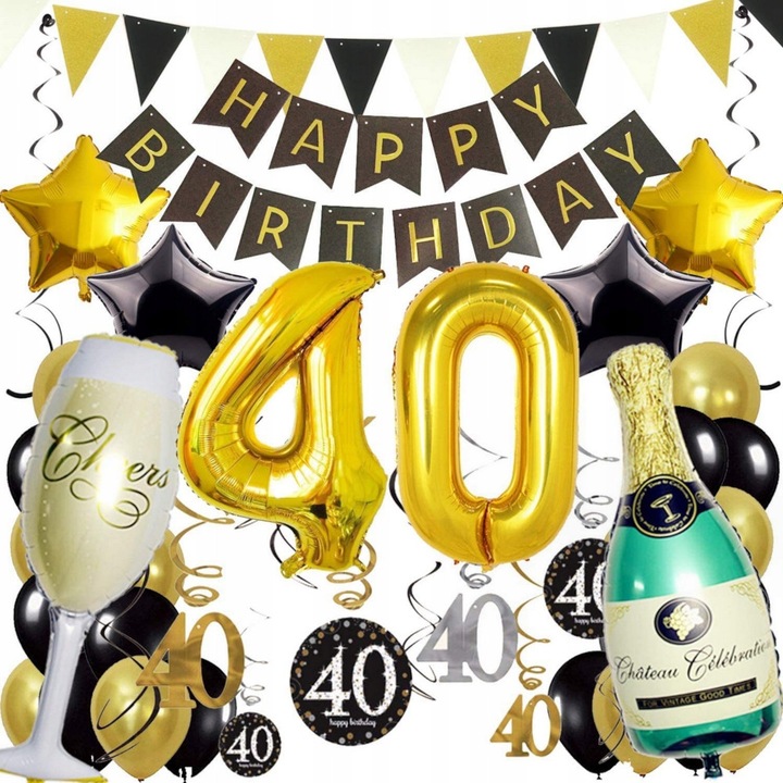 Set Baloane, SNM, Decoratiuni Aniversare 40 Ani, Set Mega 51 Piese XXL Pentru Party Si Panou Foto, Stil Elegant, Include Cifre Mari, Stele Si Accesorii, Ideale Pentru Petrecere, Dimensiuni 80-100 cm, Negru Si Auriu