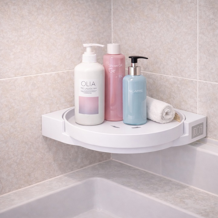 Organizator colt baie S-Eye rotativ 360°, suport baie fara gauri, montaj adeziv, 26x26 cm, pentru sampon, gel, cosmetice