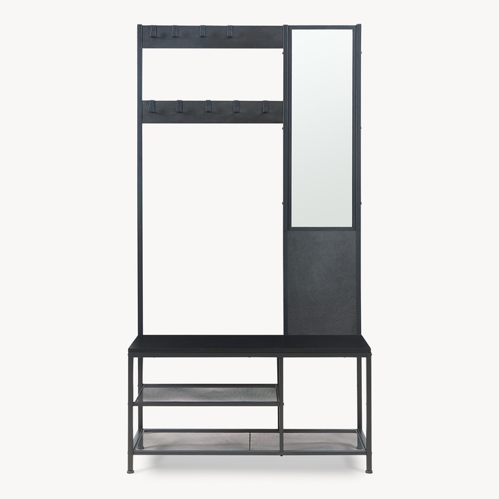 Cuier haine, en.casa, Napinerg, 185 x 98 x 34 cm, metal, pal, sticla, negru, cu oglinda, banca si raft pantofi, de sine statator