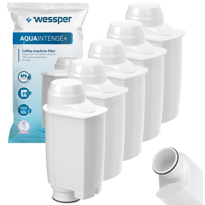 Set de 5 filtre AquaIntense+, Wessper, pentru masini de cafea, compatibile cu Philips HD8834 HD8832 Saeco Xsmall