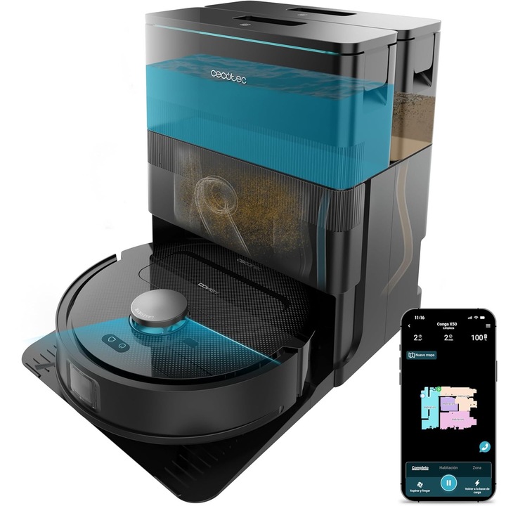 Aspirator robot Cecotec Conga X50 X-Treme, 15000Pa, Wi-Fi, Navigatie laser, Autonomie 240 min, Statie colectare automata, Negru