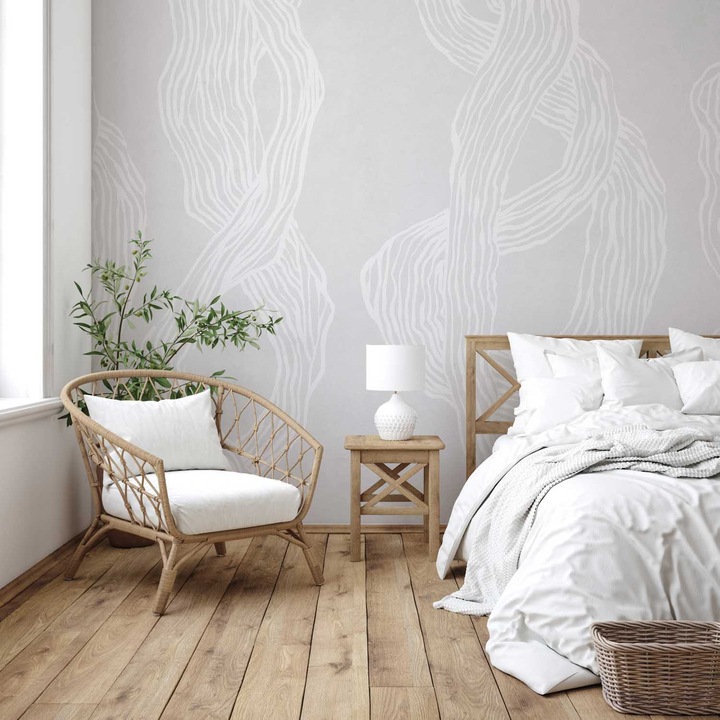 Tapet Premium Updeco, model Interlace (400x280 cm) - minimalist cu linii, usor de curatat, rezistent la apa, dimensiuni 400 x 280 cm, dublu strat din fibre presate, culori naturale si placute, fasii 50 x 280 cm usor de montat