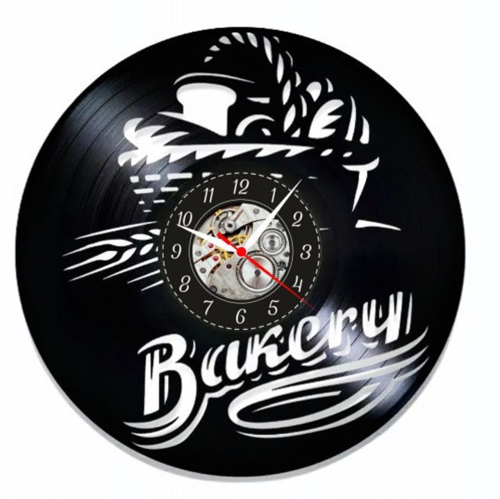 Ceas de perete decorativ "Artisan Bakery", realizat din disc de vinil (Vinyl Record), design Brutarie & Patiserie, Negru, 30 cm