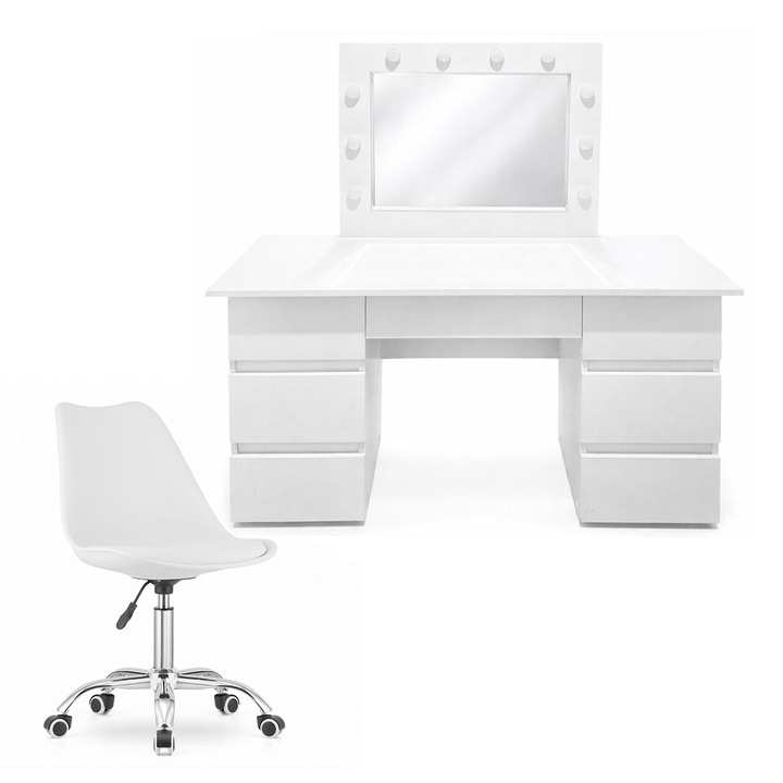 Masa de toaleta/machiaj Artool Vanessa + scaun, alb, cu oglinda si LED-uri, 130x43x143 cm