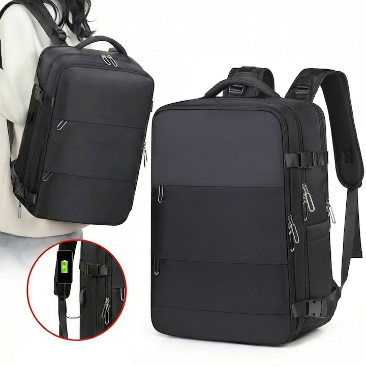 Rucsac Calatorie Business si Calatorie, erucsac®, Impermeabil, Multifunctional, Anti-transpiratie, Port Incarcare USB, Ghiozdan Voiaj, Compartiment Incaltaminte, Buzunar Separat Umede, Laptop 15, 6 inch, Haine, Accesorii, Capacitate Mare 30 L, Negru