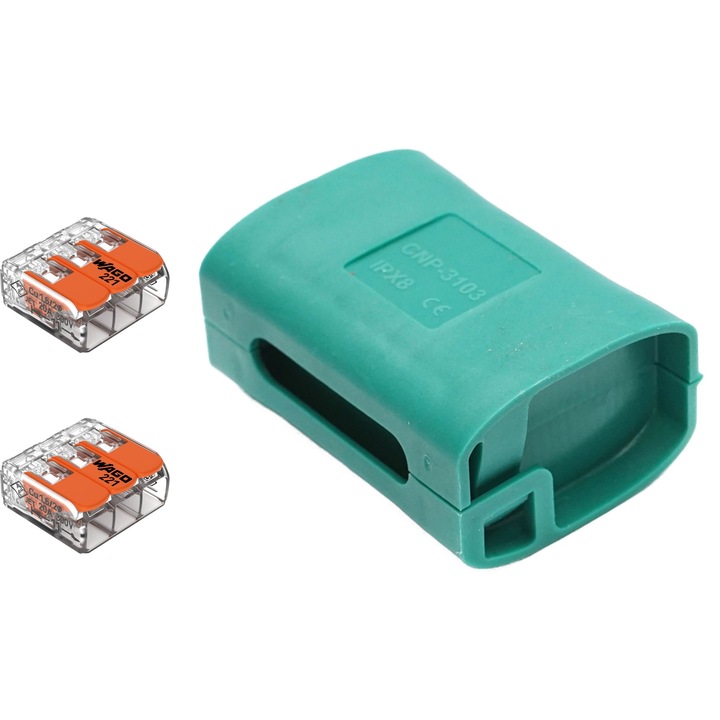 Cutie conexiuni electrice cu gel impermeabila 52x38x26mm IPX8 Leader dotata cu conectori de imbinare WAGO 221-413 2 Buc