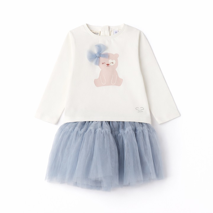 Set pentru Fete Sarabanda Tricou cu Aplicatie si Fusta din Tulle Elegant, Alb/Albastru deschis