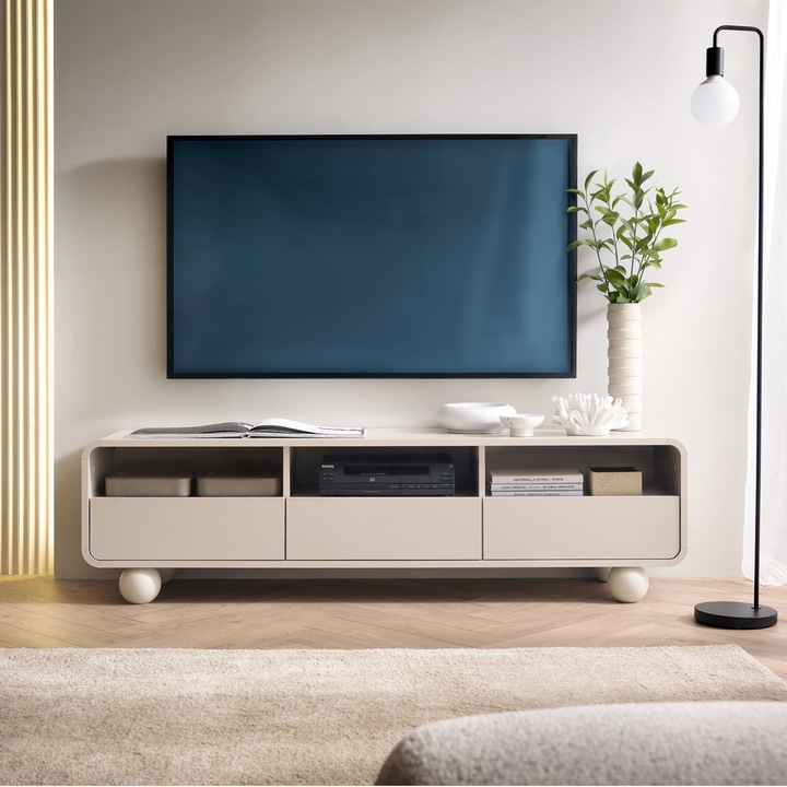 Dulap TV KAMLOOPS, 3 suflade, sistem push-to-open, MDF laminat, 44 x 160 x 39 cm, Kaszmir