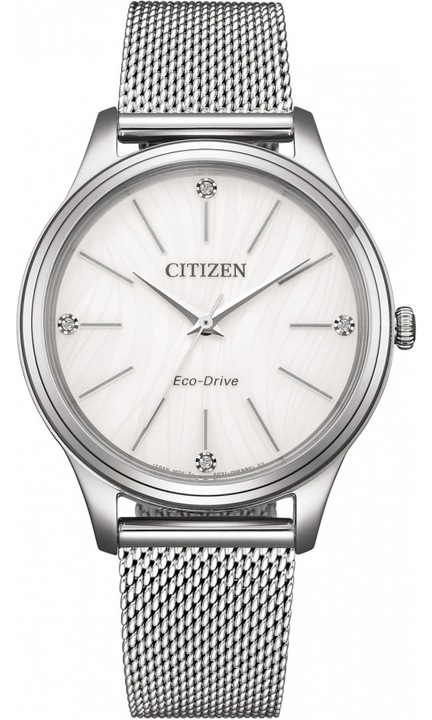 Ceas de damă Citizen EM1220-82A, argintiu, cadran alb, bratara mesh, Eco-Drive