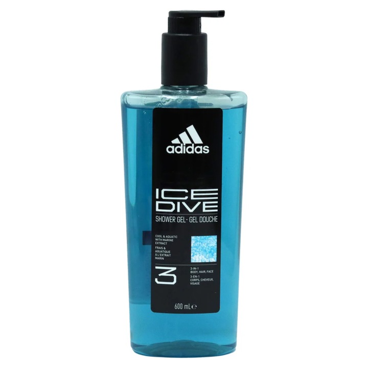 Gel de dus cu pompa pentru barbati Adidas ice dive, 3in1, 600 ml