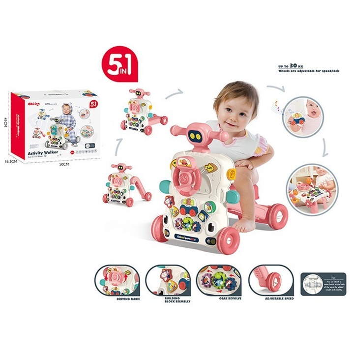 Antemergator si Premergator Interactiv 5 in 1 Gibi-inn, Centru de Activitati Bebe, Ride-on si Scooter, Viteza Reglabila, Muzica si Lumini, 0 luni+, Alb/Multicolor