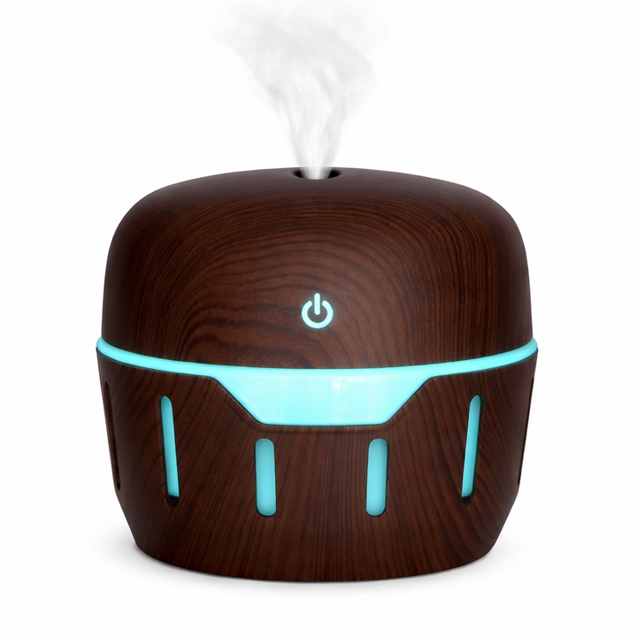 Difuzor de aromaterapie NEXTLY, design modern cu grilaj, imitatie lemn, buton touch, iluminare LED RGB 7 culori, 130ml, ultra-silentios, maron