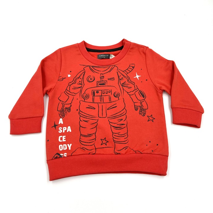 Bluza copii/ bebelusi baieti, calduroasa, moale, Bumbac, 9 luni, 74 cm, Portocaliu, Imprimeu Astronaut