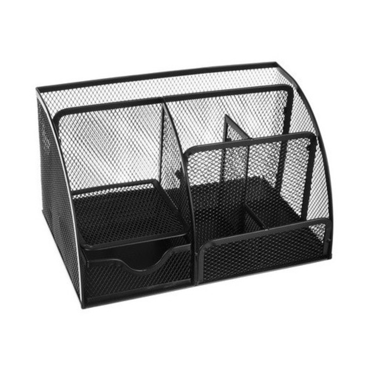 Organizator de birou 6 compartimente + sertar – negru, 12.5 x 14 x 22 cm
