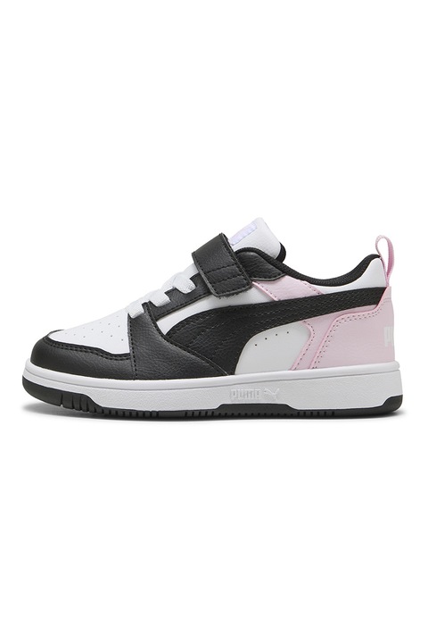 Puma, Pantofi sport Rebound V6 din piele ecologica cu velcro, Alb/Negru/Roz pastel