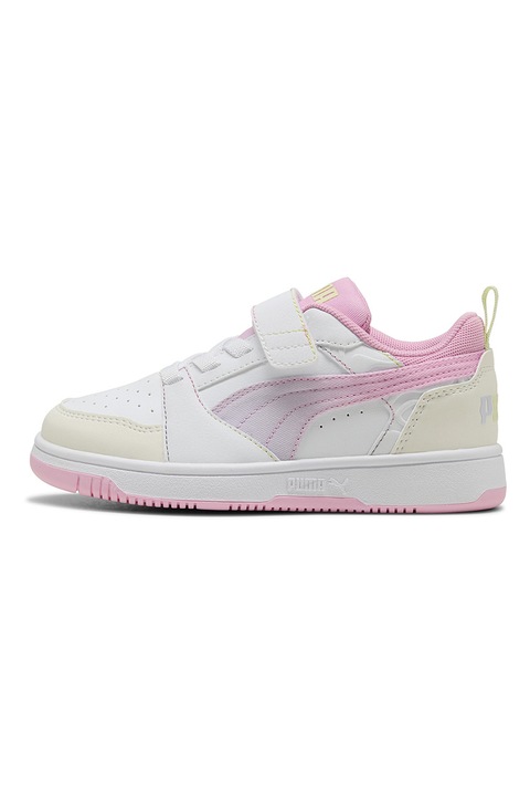 Puma, Pantofi sport Rebound V6 de piele ecologica cu velcro, Roz pastel/Alb optic