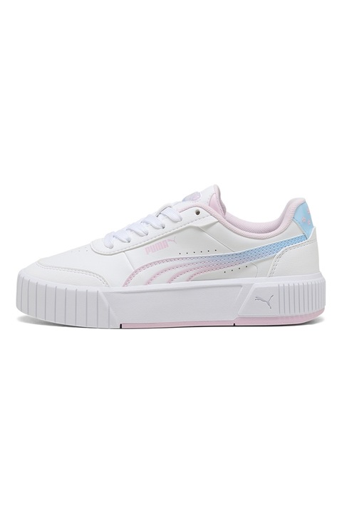 Puma, Pantofi sport Carina Mia de piele ecologica cu perforatii, Alb/Albastru glaciar