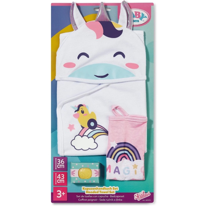 BABY born kapucnis törölköző szett, unikornis dizájn, rózsaszín szivárványos mini törölköző, 3 éves kortól
