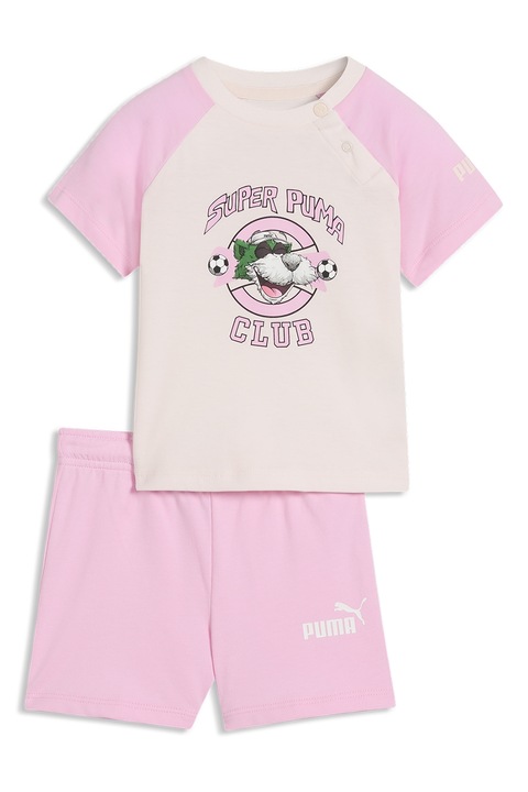 Puma, Set de tricou cu maneci raglan si pantaloni scurti - 2 piese, Verde/Alb fildes/Roz pastel