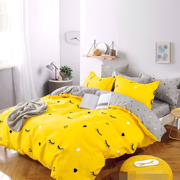 Спално бельо EmonaMall S15421, Двулицев, 4 калъфки, 6 части, Жълт/Сив