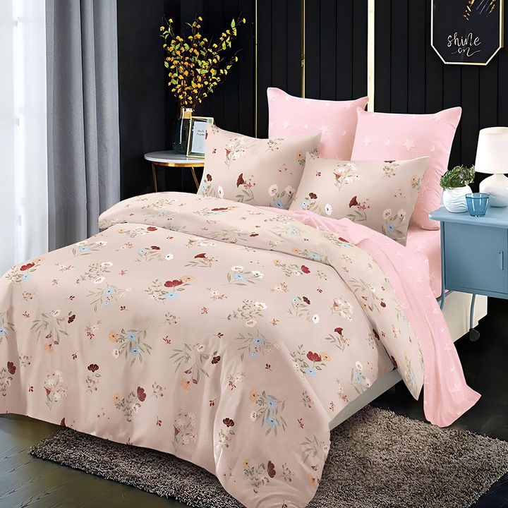 EmonaMall S17733 ágynemű, kétoldalas, 4 párnahuzat, 6 részes, bézs/rózsaszín