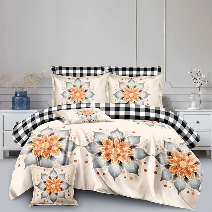 EmonaMall S18024 hálószobai szett, kétoldalas, 6 párnahuzat, 8 részes, barack/fekete