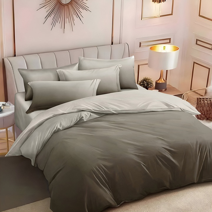 Спално бельо EmonaMall S18062, Двулицев, 4 калъфки, 6 части, Пепел