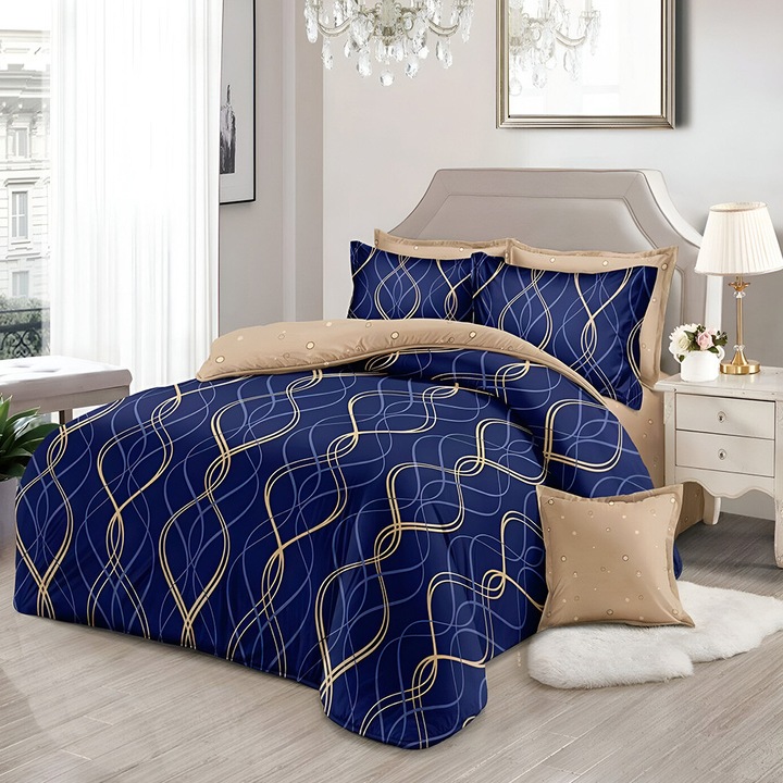 EmonaMall S18472 ágynemű, kétoldalas, 4 párnahuzat, 6 részes, sötétkék/világosbarna