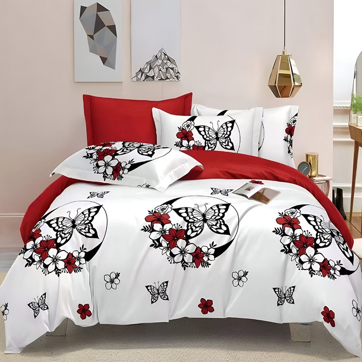 EmonaMall S18892 Ágynemű, Kétoldalas, 4 párnahuzat, 6 részes, Fehér/Piros