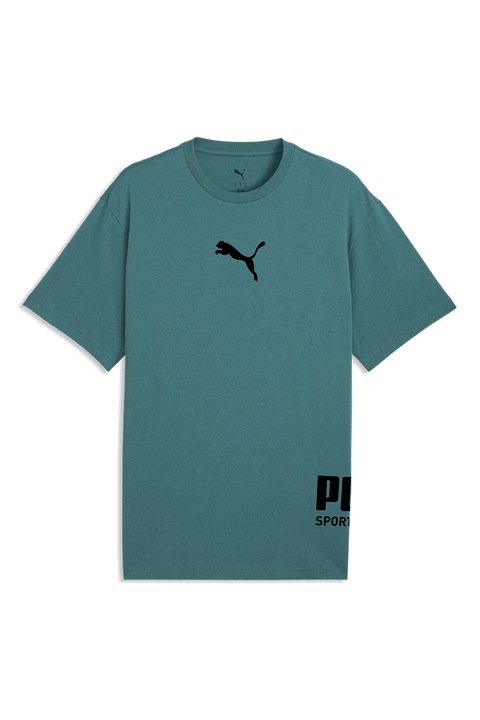 Puma, Tricou de bumbac cu logo Tee Emerald, Negru/Verde persan