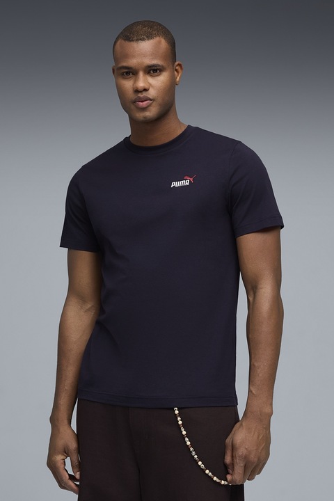 Puma, Tricou de bumbac cu decolteu la baza gatului si logo brodat Essentials 2, Rosu/Alb/Violet aubergine