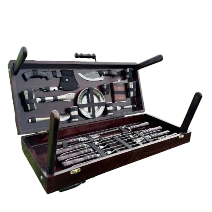 Set cadou pentru gratar, 6 persoane, ustensile din otel inoxidabil, cutie din lemn