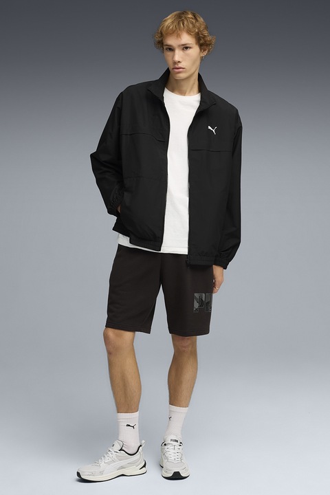 Puma, Pantaloni scurti cu talie elastica si imprimeu logo, Maro inchis/Gri