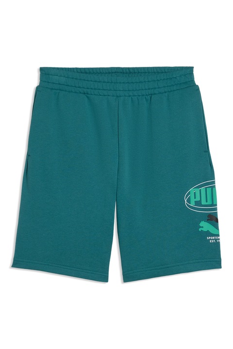 Puma, Pantaloni scurti de trening din amestec de bumbac cu imprimeu logo, Verde persan