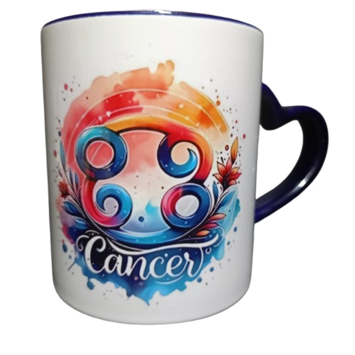 Cana ceramica Zodia Rac, model dublu, maner inima albastra, 350 ml