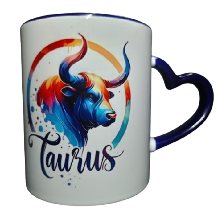 Cana ceramica Zodia Taur, model dublu, maner inima albastra, 350 ml