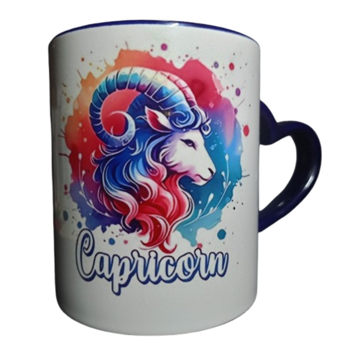 Cana ceramica Zodia Capricorn, model dublu, maner inima albastra, 350 ml