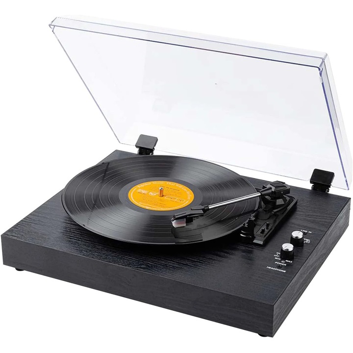 Pick-up Sztereó, MOSMAOO®, Bluetooth-tal, 3 Sebesség, Beépített hangszórók, 33 / 45 / 78 RPM, AUX-IN, RCA kimenet, USB, Hordozható Vintage Lemezjátszó, Rubinvégű tű, Átlátszó burkolattal, Fekete Fa