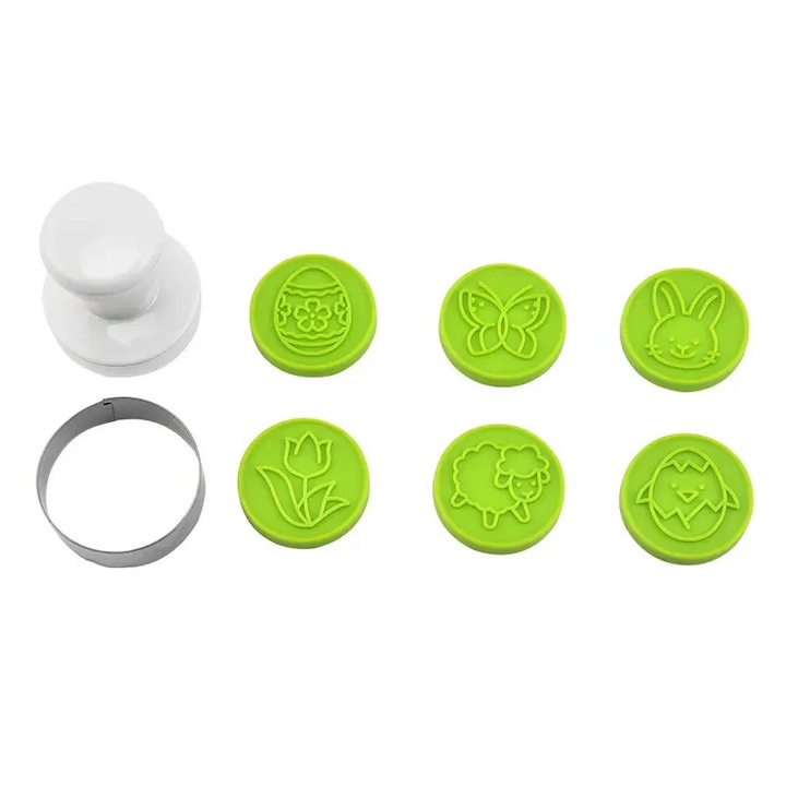 6 darabos süteménykészítő forma szett bélyegzővel és rozsdamentes acél gyűrűvel – átmérő 5.7 cm