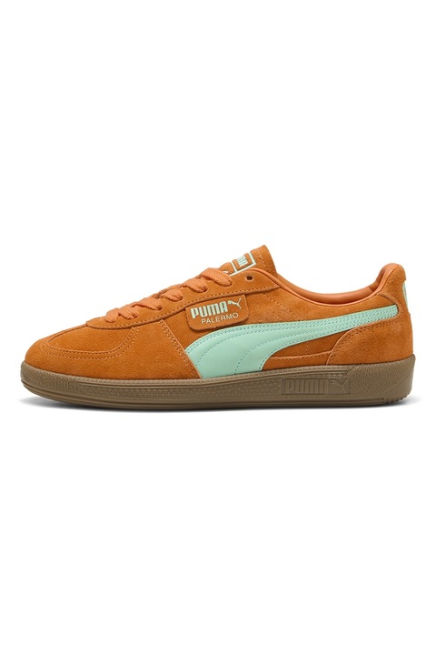 Puma, Pantofi sport Palermo de piele intoarsa si piele, Gri cenusiu/Portocaliu neon