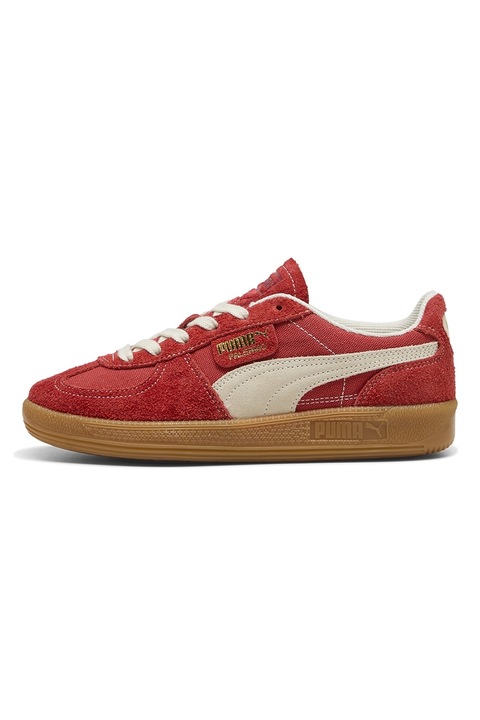 Puma, Pantofi sport Palermo Vintage cu insertii de piele intoarsa, Alb fildes/Rosu capsuna