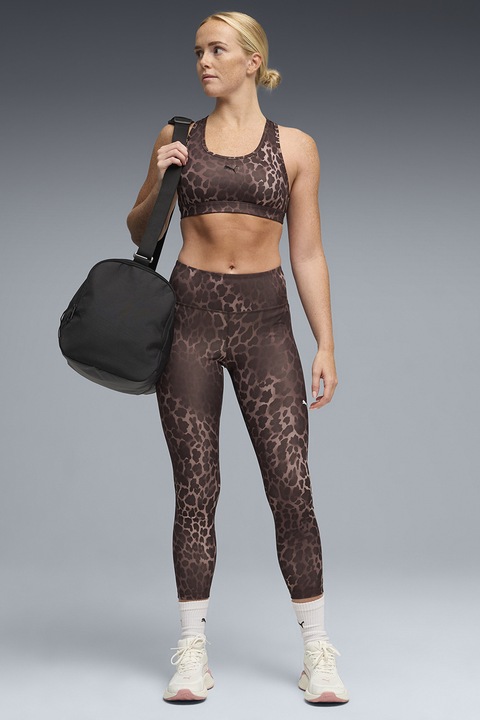 Puma, Bustiera cu animal print si spate semitransparent pentru fitness 4Keeps- Spotted Haze, Maro inchis