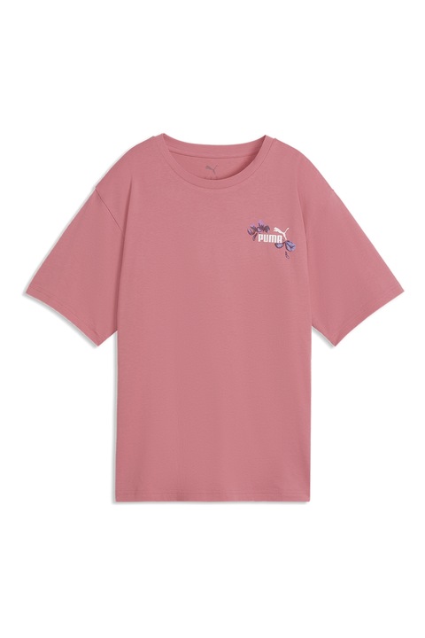 Puma, Tricou cu imprimeu pe spate Essentials Nature 2.0, Alb/Albastru prafuit/Roz pastel