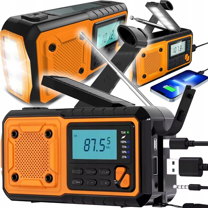 Аварийно радио с LED фенерче, Renew Force, външна батерия и соларен панел Renew Force, 5000mAh, компактно