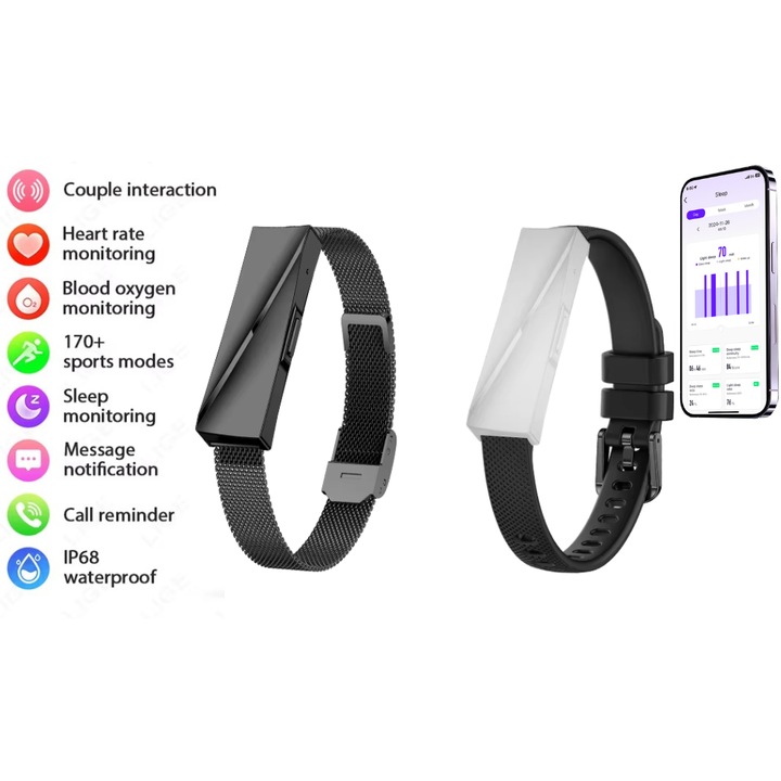 Bratara Smart Fitness Inteligenta Eleganta, 1 Curea Metalica Neagra si 1 Curea Silicon Neagra, Bluetooth, GPS, Meniu Romana, 20 Zile Autonomie, Rezistenta la Apa IP68, Notificari, Puls, Tensiune, SpO2, Somn, Stres, Calorii, Pasi, Menstruatie, 170 Sporturi