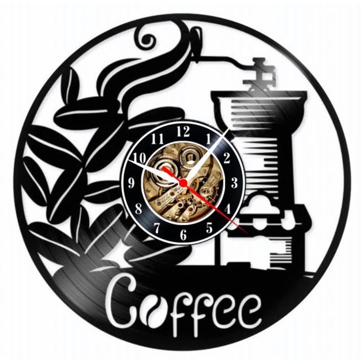 Dekoratív falióra "Coffee Time - Vintage Grinder", bakelit lemezből (Vinyl Record), Konyha & Kávézó design, Fekete, 30 cm