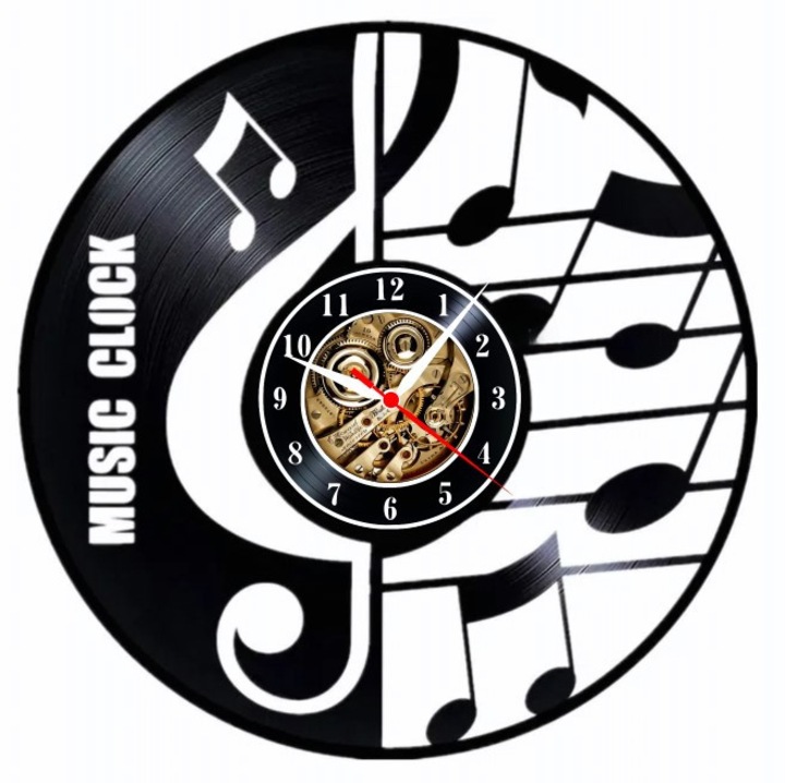 Dekoratív falióra "Musical Soul - Treble Clef & Notes", bakelitlemezből készült, zenei művészeti design, fekete, 30 cm