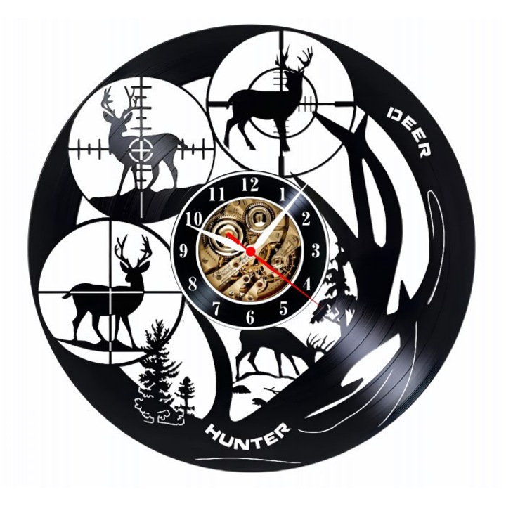 Ceas de perete decorativ "The Hunter - Deer Quest", realizat din disc de vinil (Vinyl Record), design Hunting & Wildlife, Negru, 30 cm