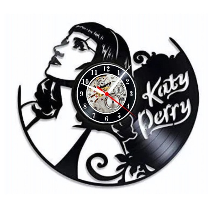 Декоративен стенен часовник "Katy Perry - Pop Icon", изработен от винилова плоча (Vinyl Record), дизайн Music & Celebrity Art
