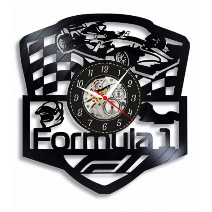 Декоративен стенен часовник "Формула 1 - Духът на състезанията", изработен от винилова плоча (Vinyl Record), дизайн Спорт и Скорост